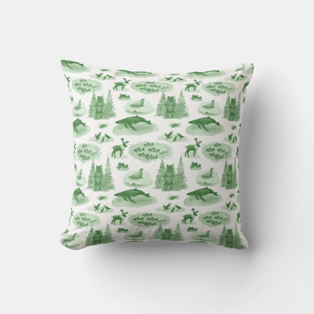 Alaska Animal Toile Throw Pillow (Emerald Green) (Front)