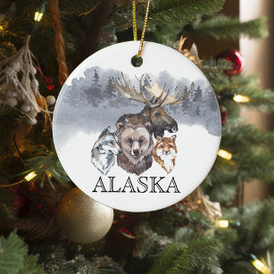 Alaska Animals Bear Wolf Moose  Ceramic Ornament