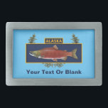 Alaska Combat Fisherman Badge Rectangular Belt Buckle<br><div class="desc">Based on a common military award the Combat Fisherman Badge commemorates surviving combat fishing in Alaska. It features a Sockeye Salmon, in spawning red coloration, on a dark blue background, over a conifer branch wreath. Text reading "ALASKA" is located at the top of the image. Add your own additional text....</div>