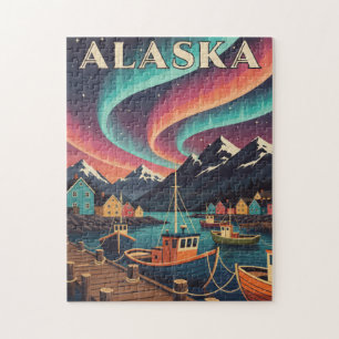 Alaska Fishing Village Aurora Borealis Jigsaw Puzzle