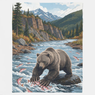 Alaska Grizzly Bear River Salmon Fishing Fleece Blanket