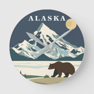Alaska Grizzly Bear Vintage Travel Round Clock