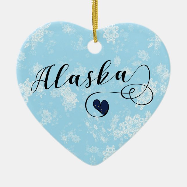 Alaska Heart, Christmas Tree Ornament, Alaskan Ceramic Ornament (Front)