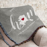 Alaska Home State Rustic Personalized Throw Blanket<br><div class="desc">Show some home state pride with this cute rustic grey throw blanket featuring "home" in white calligraphy script lettering with a silhouette map of the state of Alaska standing in for the letter "O." A pink heart illustration inside the state map completes the design; you can change the position of...</div>