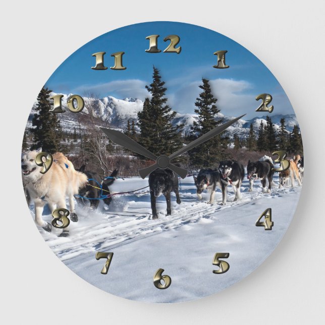 Alaska Husky Dog Sled Race Large Clock (Front)