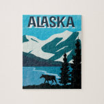 Alaska Moose Mountain Jigsaw Puzzle<br><div class="desc">Wonderful poster style artwork features Alaska mountains with glaciers, water, trees and a moose. Fun activity for the whole family.</div>