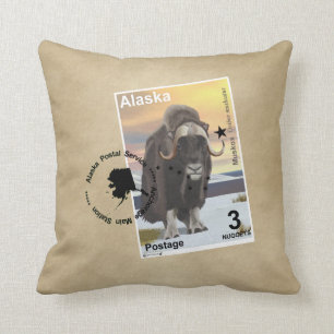 Alaska Muskox Postage Stamp Souvenir Throw Pillow