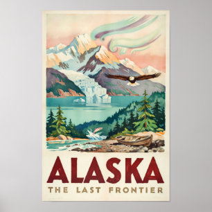 Alaska Northern Lights Bald Eagle Illustration Poster