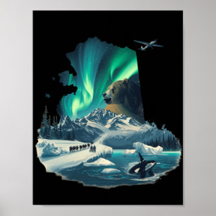 Alaska Northern Lights Grizzly Bear & Orca Poster