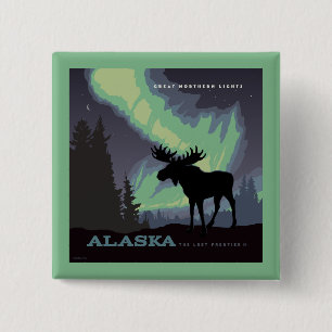 Alaska   Northern Lights Moose 2 Inch Square Button