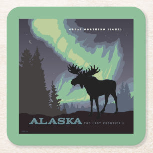 Alaska   Northern Lights Moose Square Paper Coaster