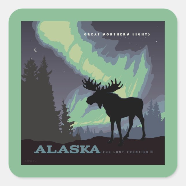 Alaska | Northern Lights Moose Square Sticker (Front)
