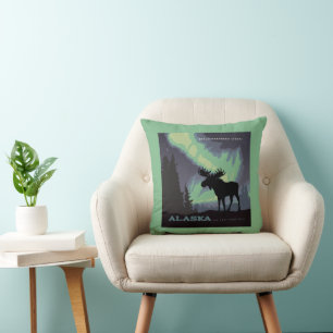 Alaska   Northern Lights Moose Throw Pillow