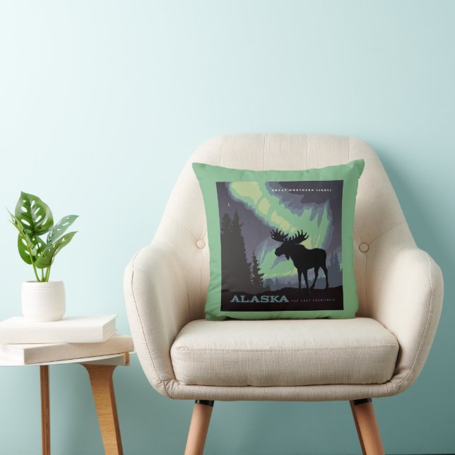 Alaska | Northern Lights Moose Throw Pillow (Chair)