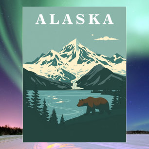 Alaska Retro Travel Grizzly Bear Postcard