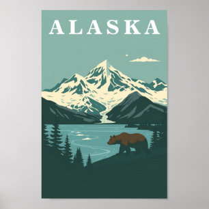 Alaska Retro Travel Grizzly Bear Poster