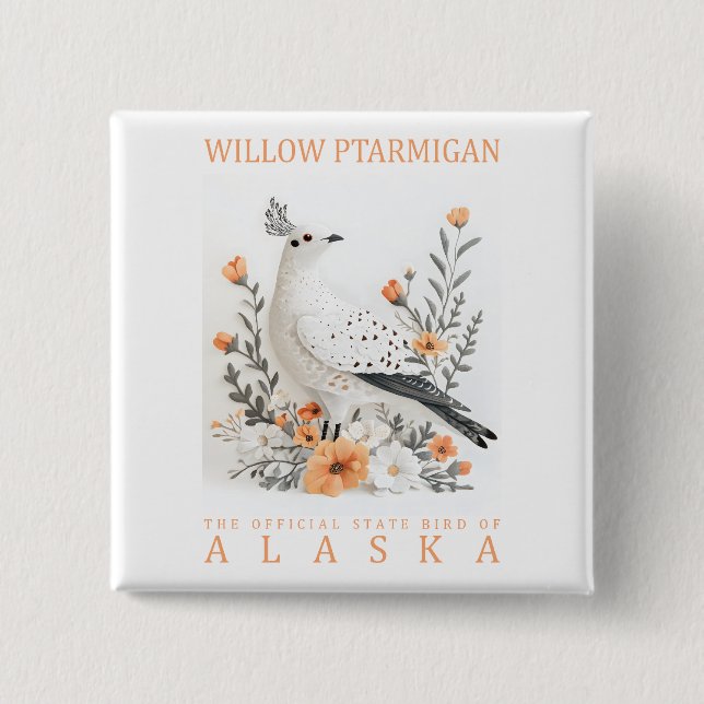 Alaska State Bird Art Print | Elegant Willow Ptarm 2 Inch Square Button (Front)