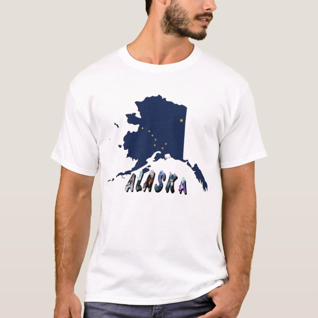 Alaska State Flag Blue Map & Yellow Stars Travel T-Shirt (Front)