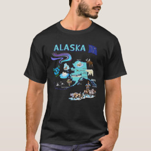 Alaska State Map Landmarks Symbols Major Cities Fl T-Shirt
