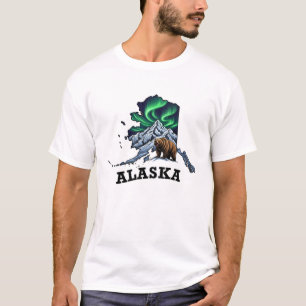 Alaska State Tattoo Style Northern Lights, Grizzly T-Shirt
