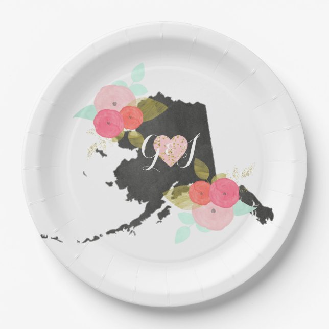 Alaska State Watercolor Floral Monogram Wedding Paper Plate (Front)