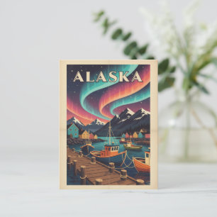 Alaska Vintage Harbour Northern Lights Postcard