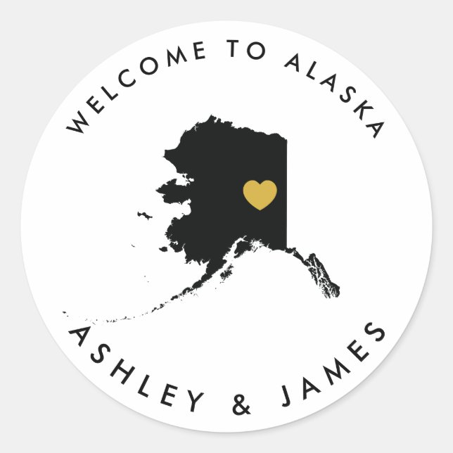 Alaska Wedding Welcome Sticker Tag, Gold & Black (Front)