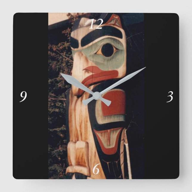 Alaska Wood Carved Southeast Totem Pole Fancy Square Wall Clock (Front)