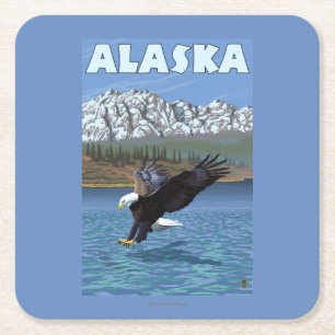 AlaskaBald Eagle Vintage Travel Poster Square Paper Coaster