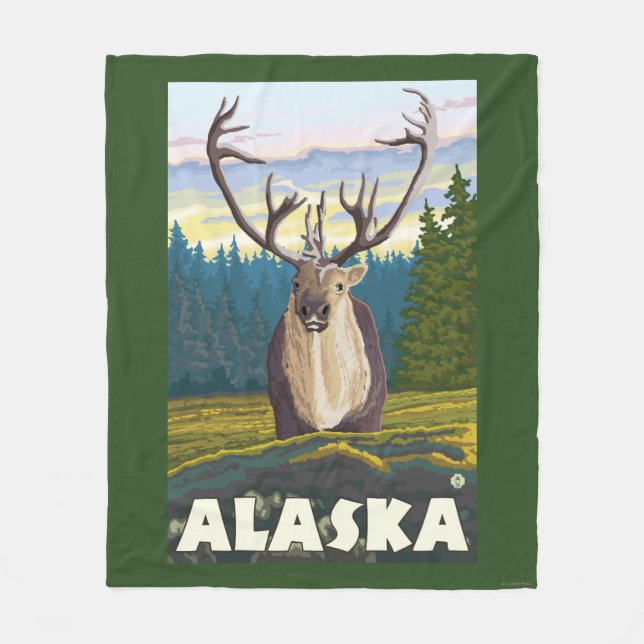 AlaskaCaribou in the Wild Vintage Travel Fleece Blanket (Front)