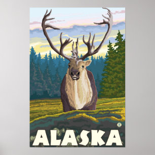 AlaskaCaribou in the Wild Vintage Travel Poster