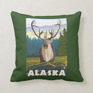 AlaskaCaribou in the Wild Vintage Travel Throw Pillow
