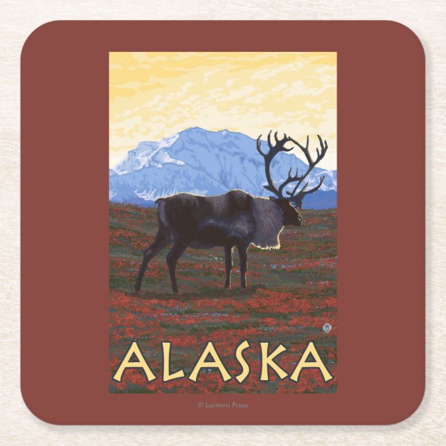 AlaskaCaribou Vintage Travel Poster Square Paper Coaster (Front)
