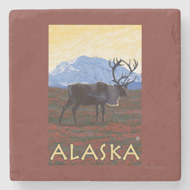 AlaskaCaribou Vintage Travel Poster Stone Coaster (Front)