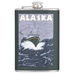 AlaskaCrab Boat Vintage Travel Poster Hip Flask