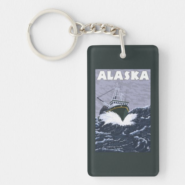 AlaskaCrab Boat Vintage Travel Poster Keychain (Front)