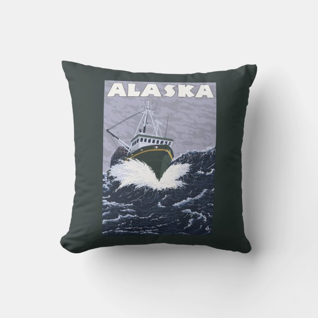 AlaskaCrab Boat Vintage Travel Poster Throw Pillow (Front)