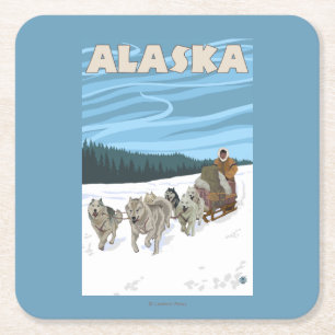 AlaskaDogsledding Vintage Travel Poster Square Paper Coaster