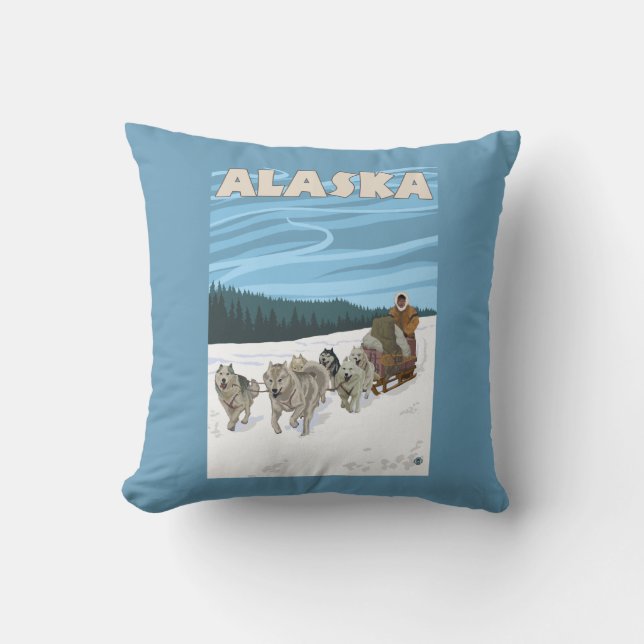 AlaskaDogsledding Vintage Travel Poster Throw Pillow (Front)
