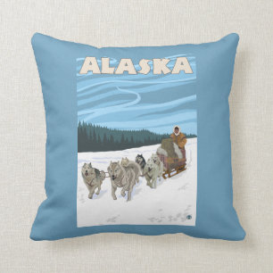AlaskaDogsledding Vintage Travel Poster Throw Pillow