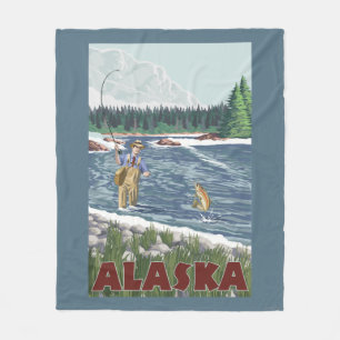 AlaskaFly Fisherman Vintage Travel Poster Fleece Blanket