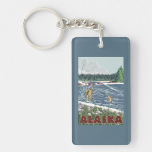 AlaskaFly Fisherman Vintage Travel Poster Keychain