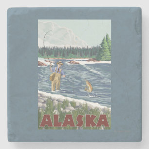 AlaskaFly Fisherman Vintage Travel Poster Stone Coaster