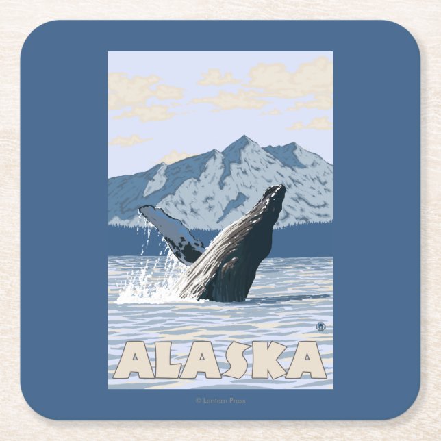 AlaskaHumpback Whale Vintage Travel Poster Square Paper Coaster (Front)
