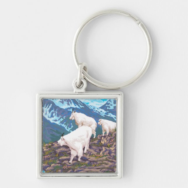 AlaskaMountain Goats Vintage Travel Poster Keychain (Front)