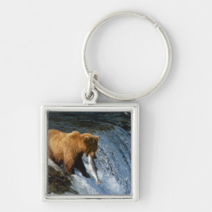 Alaskan Brown Bear Catching Salmon at Brooks Keychain