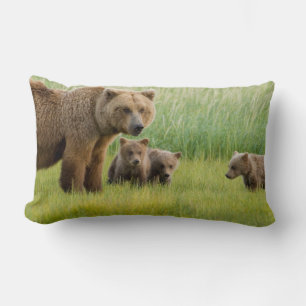Alaskan Brown Bear with Cubs in a Meadow Lumbar Pillow