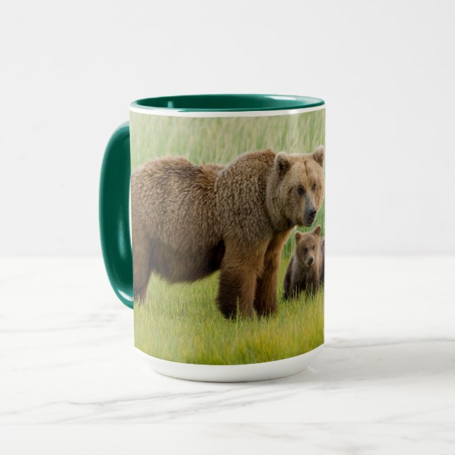 Alaskan Brown Bear with Cubs in a Meadow Mug (Front Left)