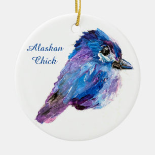 Alaskan Chick round ceramic ornament w/QR_no Holid
