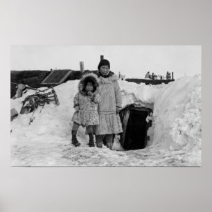 Alaskan Eskimos Outside Their Home Photograph Poster